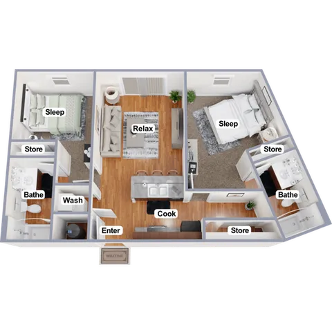 Inviting floorplan featuring 2 spacious bedrooms, a modern open-concept kitchen, cozy living room, and luxurious bathrooms, perfect for roommates!.