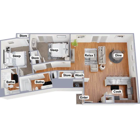 Bright furnished floorplan showcasing 2 cozy bedrooms, a stylish open living and dining area, modern kitchen, and two sleek bathrooms.