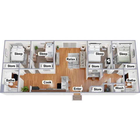 Expansive furnished floorplan highlighting 3 cozy bedrooms, modern kitchen, and inviting living room with elegant wood flooring.