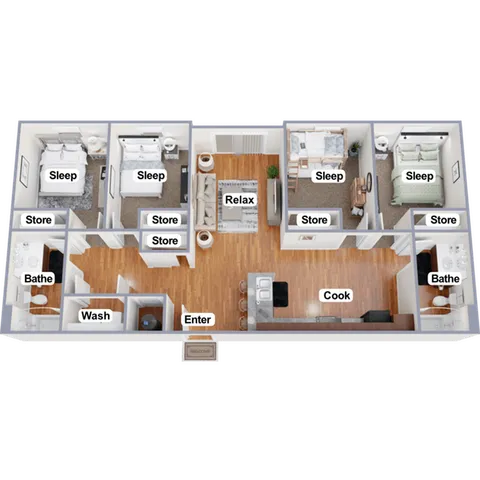 Modern furnished floorplan showcasing four bedrooms, two bathrooms, spacious living area labeled \'Relax,\' and a contemporary kitchen labeled \'Cook.\'