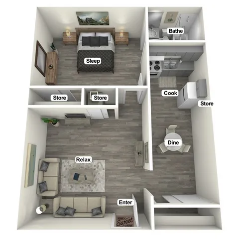 Charming 3D floor plan showcasing a cozy bedroom, modern kitchen, spacious living area, and stylish bathroom with ample storage.