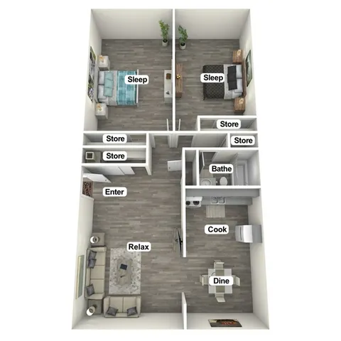 Inviting 2D floor plan showcasing 2 cozy bedrooms, a sleek kitchen, functional bath, and a welcoming living area.