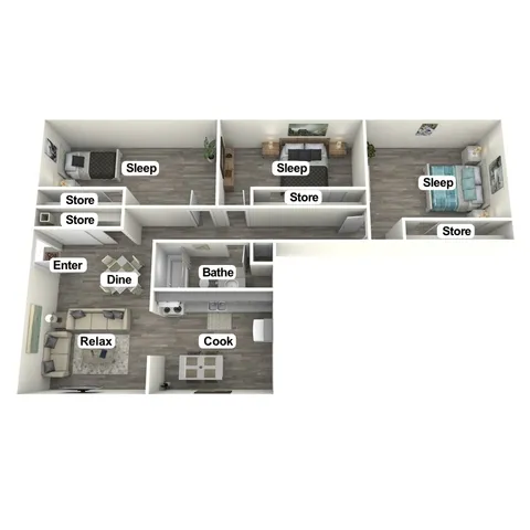 Beautiful 3D floor plan showcasing three spacious bedrooms, a modern open kitchen, cozy living area, and convenient storage spaces. Elegant layout perfect for comfortable living.