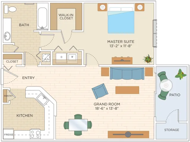 Elegant floor plan showcasing a master suite with walk-in closet, expansive grand room, and sleek kitchen with pantry, opening to a cozy patio and storage area.