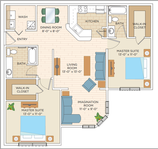 Modern floor plan showcasing two master suites with walk-in closets, an expansive living room, a cozy imagination room, stylish kitchen with pantry, and dedicated dining area, ideal for comfortable living.