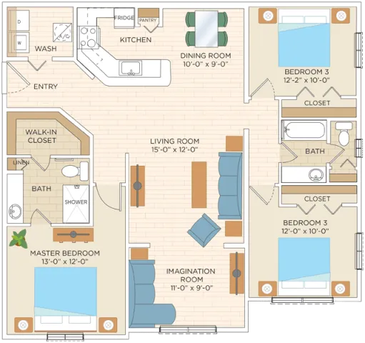 Elegant floor plan showcasing a master suite with walk-in closet, expansive grand room, and sleek kitchen with pantry.