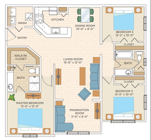 Modern floor plan showcasing a spacious 3-bedroom layout, including a master bedroom with walk-in closet, open kitchen and dining area, expansive living room, and a unique imagination room.