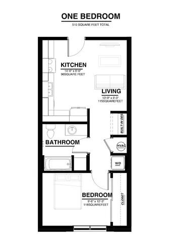 Modern 1-bedroom apartment floor plan, 510 sq ft, featuring a spacious living area, efficient kitchen, and cozy bedroom with ample closet space.