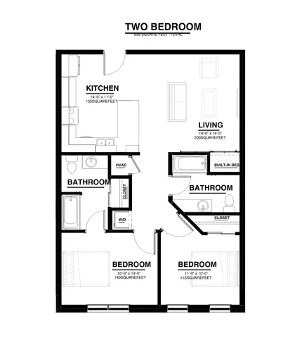 Modern two-bedroom floor plan with a spacious kitchen, cozy living area, and two well-sized bathrooms, totaling 896 square feet.