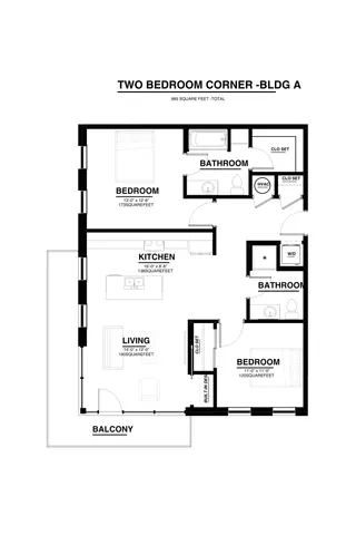Modern two-bedroom corner apartment floor plan in Building A, featuring an open kitchen, spacious living room, and private balcony. Total area of 989 square feet, including two bathrooms and ample closet space for convenience.