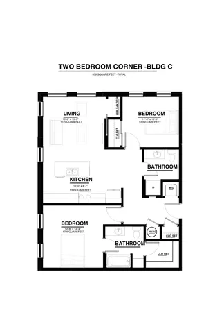 Modern two-bedroom corner apartment floor plan in Building C, featuring a spacious kitchen, inviting living area, and two bathrooms, totaling 979 square feet.