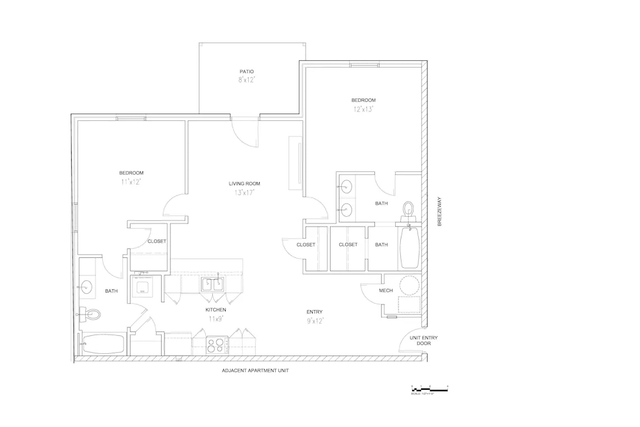 Modern floor plan showcasing 2 bedrooms, an open living room, sleek kitchen, two bathrooms, and a cozy patio.