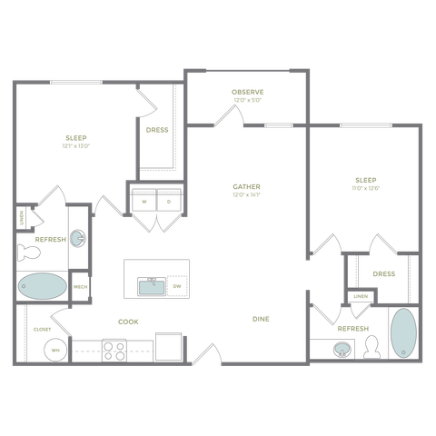 Modern 2D floor plan with 2 bedrooms, spacious kitchen, and inviting living area, featuring two refresh rooms and versatile gather and observe spaces.