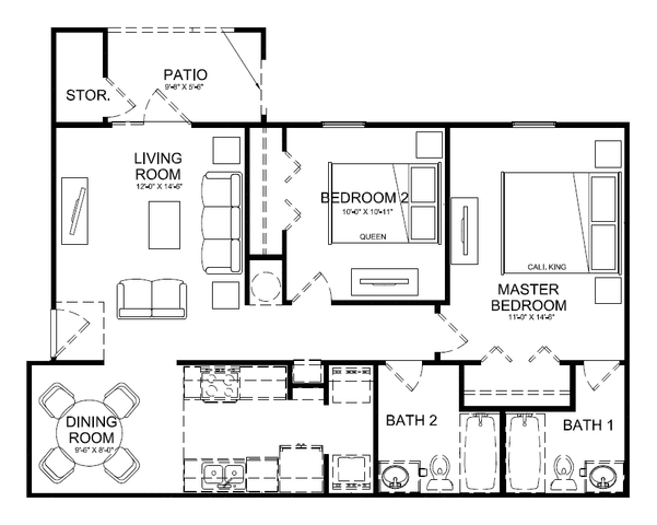 Modern floor plan showcasing a spacious two-bedroom apartment with a California King master suite, open living room, and versatile kitchen. Includes a cozy dining area, two bathrooms, and patio access.