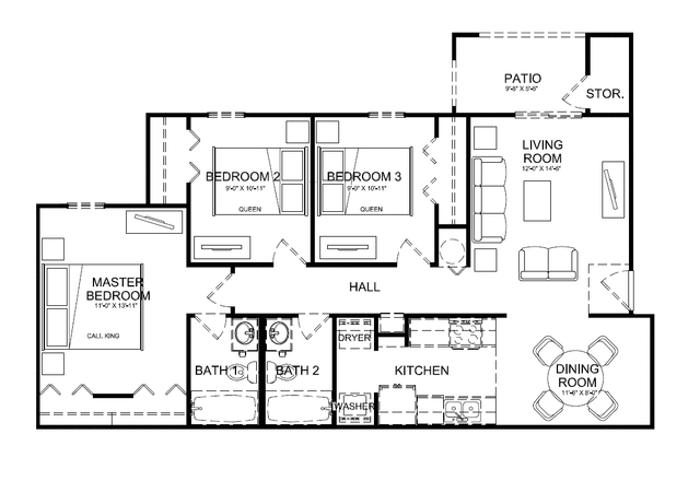 Modern floor plan showcasing a master bedroom with California king, two additional queen bedrooms, open living room, and a cozy patio.