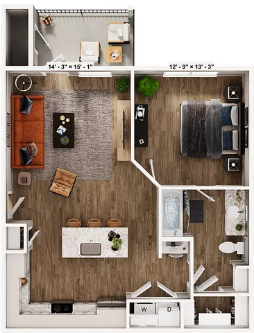 Modern 1-bedroom apartment floor plan with open-concept living area, stylish kitchen with island, cozy balcony, and spacious bathroom.