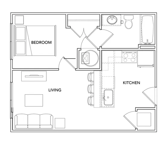 Modern 1-bedroom apartment floor plan featuring an open living area, sleek kitchen, and cozy bathroom.