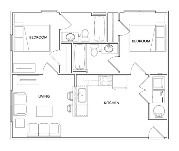 Modern 2D floor plan showcasing two spacious bedrooms, a contemporary kitchen, and an inviting living area with two bathrooms.