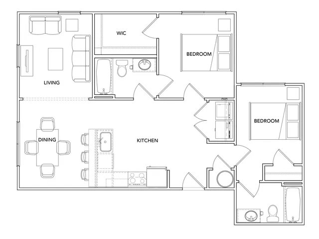 Modern floor plan illustrating 2 bedrooms, a spacious open kitchen with a dining area, cozy living room, and walk-in closet.