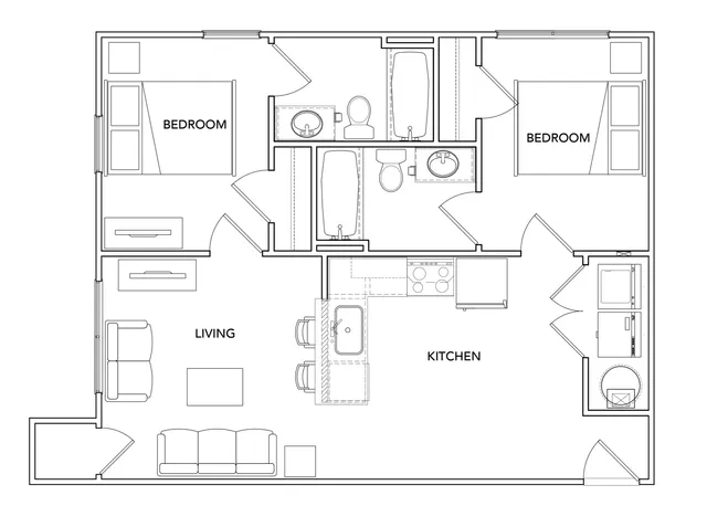Modern floor plan featuring 2 spacious bedrooms, a functional kitchen, inviting living area, and 2 bathrooms, perfect for comfortable living.