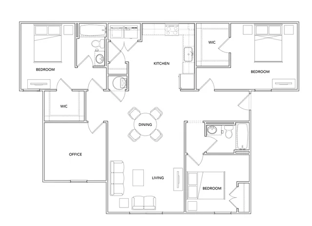 Modern floor plan showcasing 3 bedrooms, an inviting living area, a functional kitchen, and a dedicated office space, complete with walk-in closets for convenience.