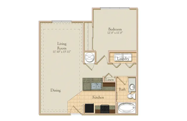 Inviting floor plan with a cozy bedroom, spacious living room, modern kitchen, and convenient laundry space.