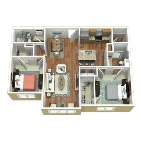 Modern 3D floor plan highlighting two spacious bedrooms, a stylish open kitchen, and an inviting living area with elegant wood flooring.