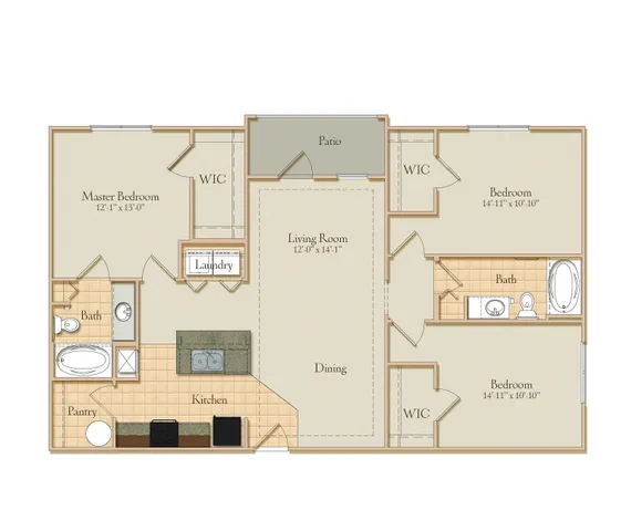 Elegant 3-bedroom apartment floor plan featuring a spacious living and dining area, modern kitchen, and private patio.
