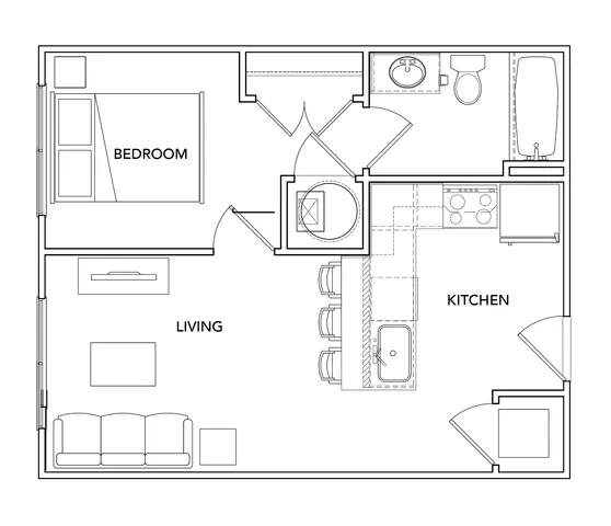 Chic one-bedroom apartment floor plan with open living area, modern kitchen with island, and a sleek bathroom layout.