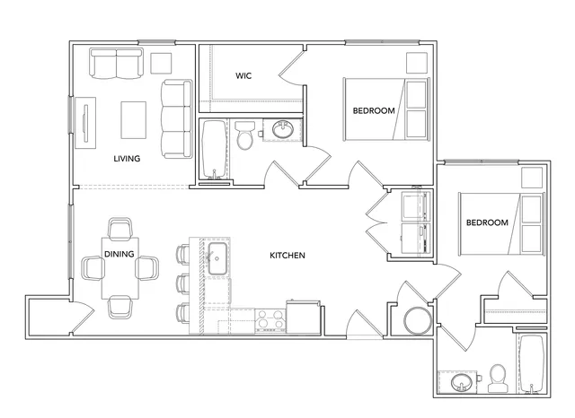 Modern floor plan showcasing a stylish layout with two bedrooms, an open kitchen with a breakfast bar, spacious living and dining areas, plus two bathrooms.