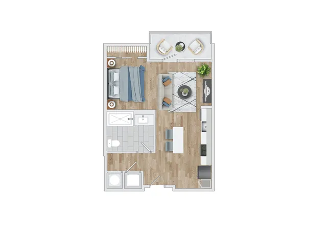 Charming 1-bedroom apartment floor plan featuring a cozy living room, modern kitchen, and private balcony.