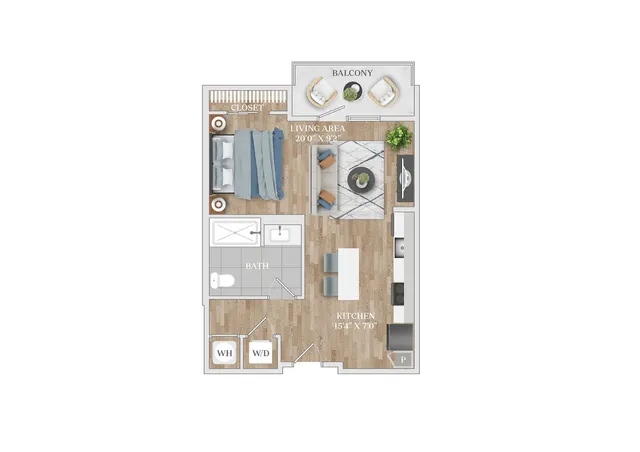 Contemporary apartment floor plan showcasing a cozy bedroom, stylish kitchen, open living area, chic bathroom, and delightful balcony.