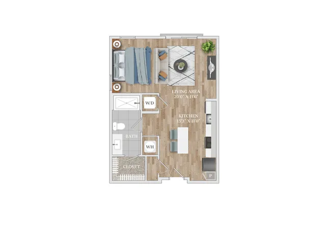 Modern 1-bedroom apartment floor plan showcasing open-concept living and kitchen area, cozy sleeping space, and convenient bathroom and laundry.