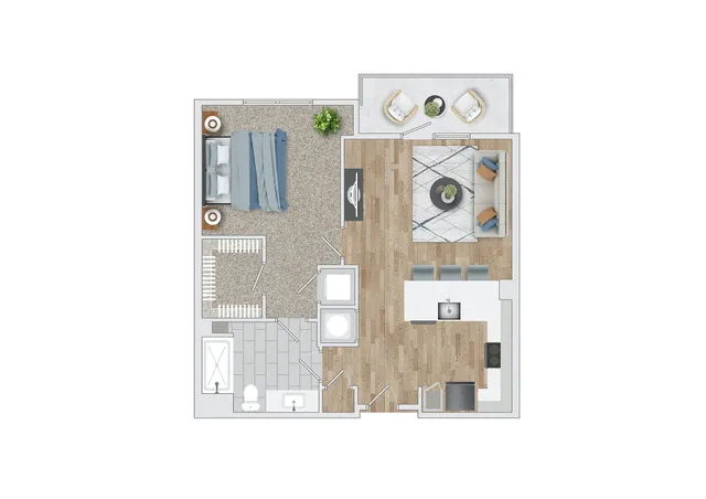 Modern 1-bedroom floor plan with open living area, sleek kitchen, and cozy outdoor patio.