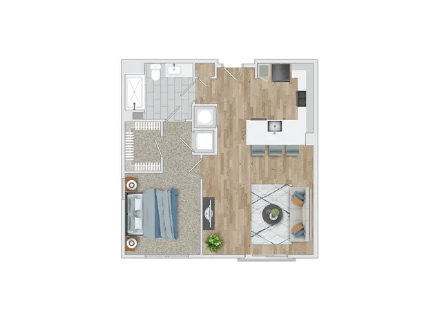 Chic floor plan showcasing a modern 1-bedroom apartment with spacious living room, open kitchen, and elegant bathroom design.