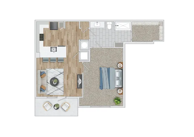 Chic floor plan showcasing an elegant one-bedroom apartment with an open-concept living room, modern kitchen, and a spacious bathroom.