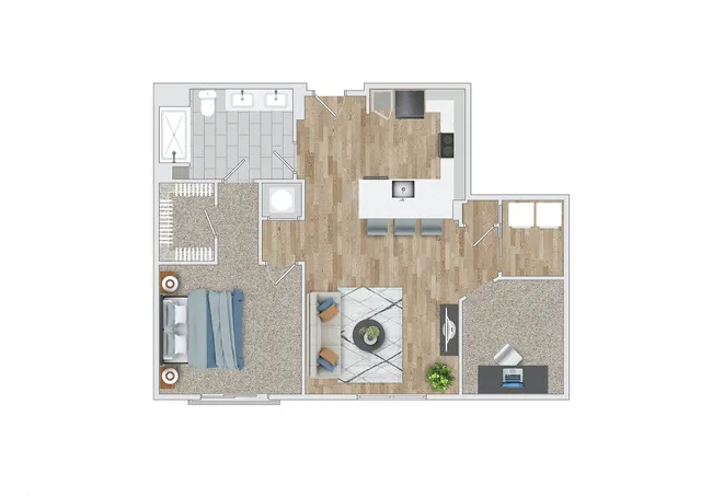 Elegant 2D floor plan showcasing a modern 1-bedroom apartment with open kitchen, cozy living room, stylish bathroom, and handy workspace.
