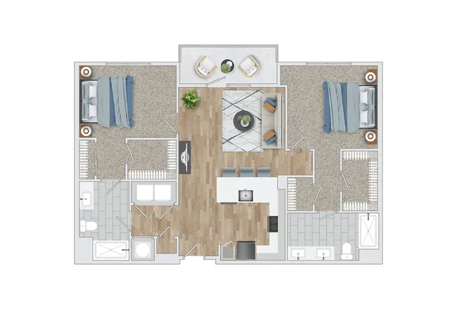 Elegant 2D floor plan showcasing 2 spacious bedrooms, modern open-concept living space, stylish kitchen, and dual bathrooms, designed for comfort and efficiency.