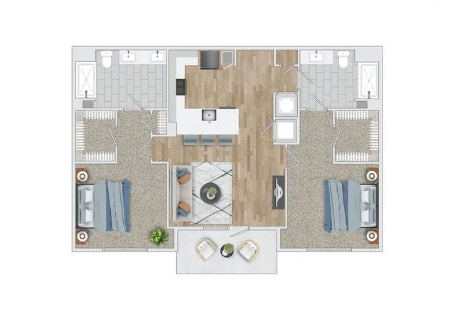 Modern floor plan displaying 2 spacious bedrooms, stylish living room, open kitchen, and dual bathrooms with ample closet space.