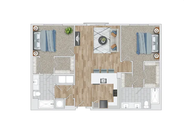 Elegant floor plan showcasing 2 spacious bedrooms, modern kitchen with island, and cozy living area with stylish design elements.