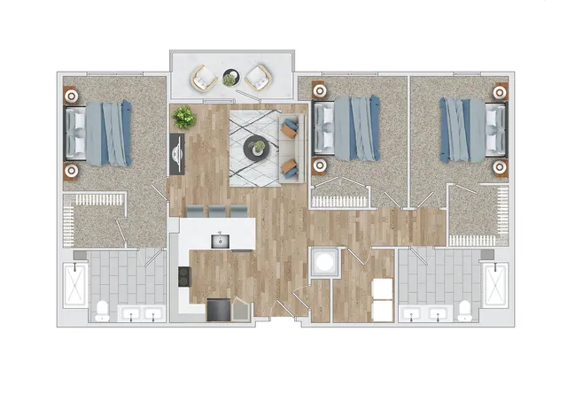 Beautiful open-concept floor plan featuring 2 bedrooms, modern kitchen, cozy living area, and dual bathrooms with luxurious finishes.