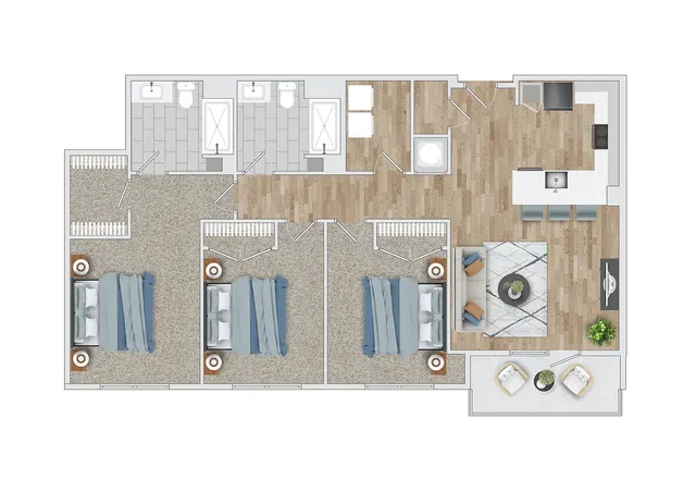 Chic floor plan featuring 2 elegant bedrooms, 2 modern bathrooms, an open kitchen with a breakfast bar, and a cozy living room with stylish decor.