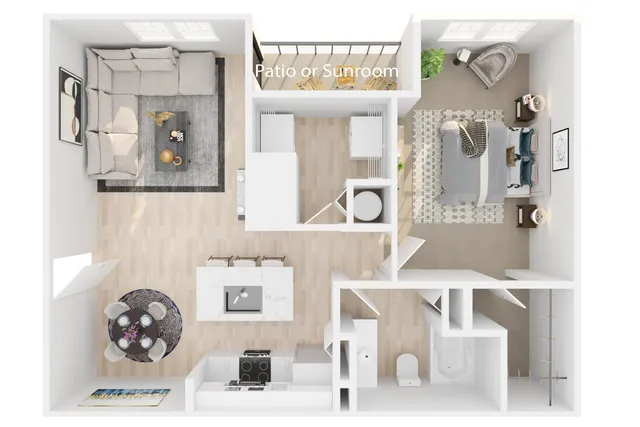 Chic floor plan with a spacious bedroom, inviting open-concept living area, modern kitchen, and cozy patio or sunroom.