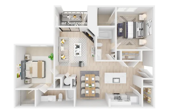 Modern 2D floor plan showcasing 2 bedrooms, cozy living room, sleek kitchen, and dining area with an inviting patio or sunroom.
