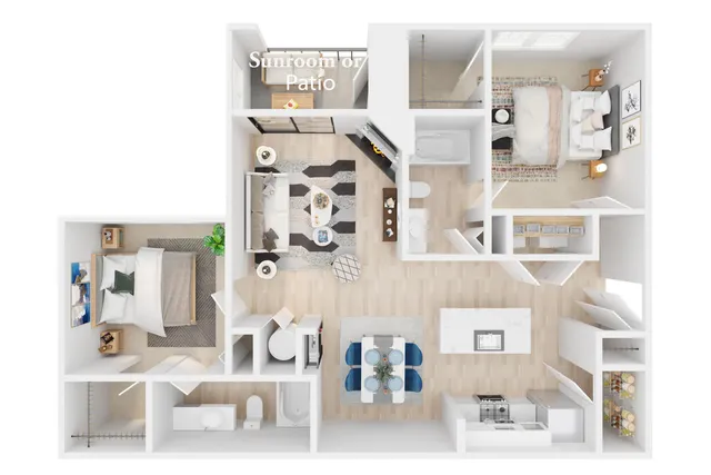 Sleek floor plan showcasing a 2-bedroom apartment with an open-concept living and dining area, modern kitchen, two stylish bathrooms, and a versatile sunroom or patio.