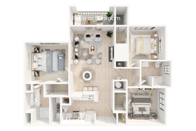 Modern 3D floor plan showcasing a chic apartment layout with two cozy bedrooms, open-concept living and dining area, sleek kitchen, and inviting patio or sunroom.