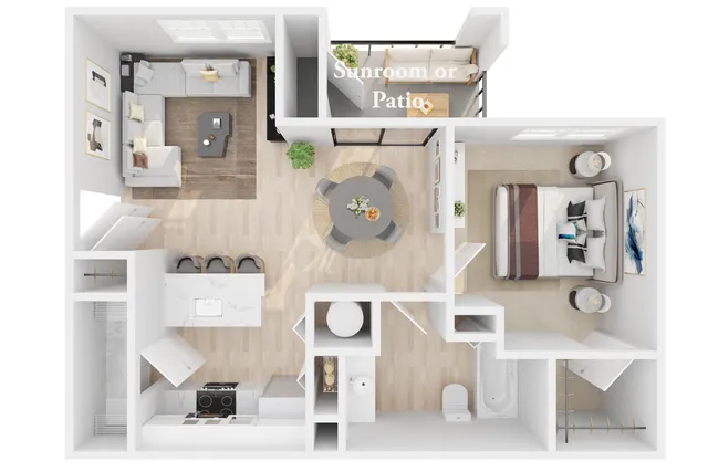 Modern 3D apartment floor plan featuring an open-concept living area, a spacious bedroom, sleek kitchen with breakfast bar, and a sunroom or patio for relaxation.