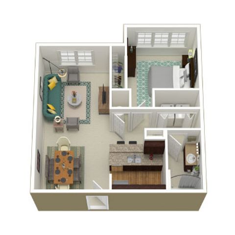 Charming open-concept floor plan featuring a cozy living area, modern kitchen with island, dining space, and a spacious bedroom with en-suite bathroom.