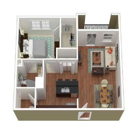 Modern 3D floor plan featuring a spacious bedroom, a cozy living area with stylish furniture, an elegant kitchen with a breakfast bar, and a well-appointed bathroom.