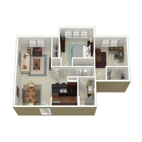 Charming 3D floor plan showcasing a cozy apartment with 2 bedrooms, inviting living area, and a modern kitchen.